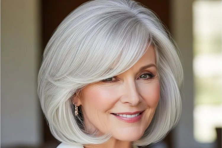 Side-swept bangs adding movement and volume to fine hair. Elegant, wearable, and timeless.