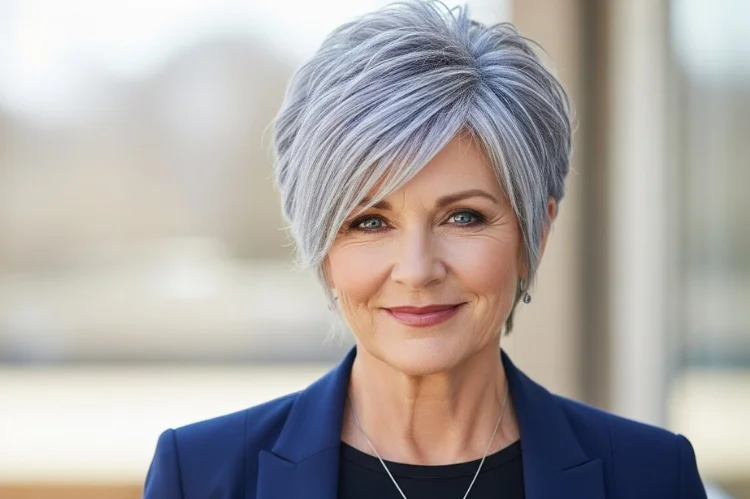 A 60–65 year old woman with personalized signature gray hairstyle, expressive and unique.