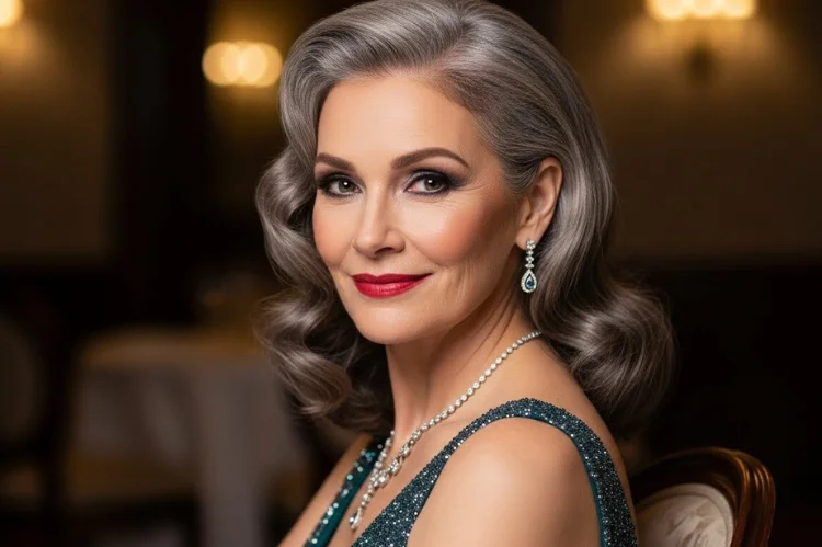 A glamorous 60–65 year old woman with medium-length gray hair styled in Hollywood waves.