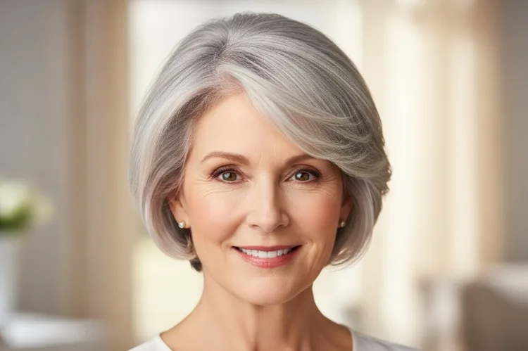Soft feminine pixie haircut for woman over 50, gentle grey layers, approachable and elegant.