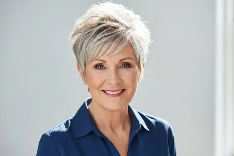 A confident woman in her 60s with a spiky pixie haircut designed for thin hair.