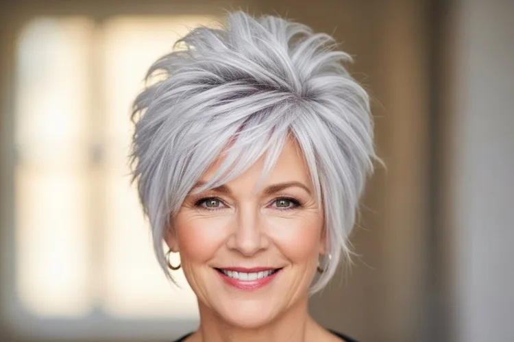 Bold spiky short silver hairstyle on confident woman over 50, textured layers, playful modern look.