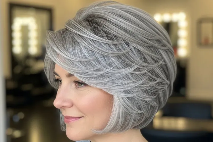 Stacked grey bob with volume at the crown, graduated back, fine hair solution, polished salon look.