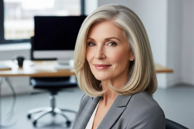 Sleek straight medium-length hairstyle with subtle layers on a woman over 60. Fine hair looks polished.