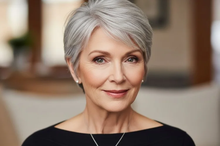 Very short pixie haircut on a woman over 60 with very thin hair. Chic, confident, and intentional.