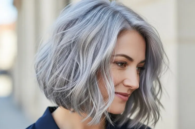 Choppy textured grey bob, slightly messy ends, effortless cool style, natural silver tones, casual lifestyle portrait.