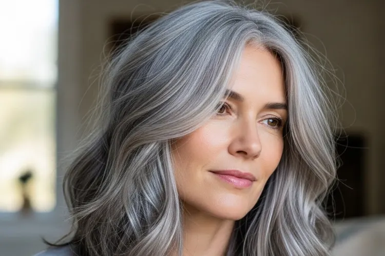 Medium length natural grey hair with textured layers, soft waves, air-dried look, relaxed lifestyle aesthetic.
