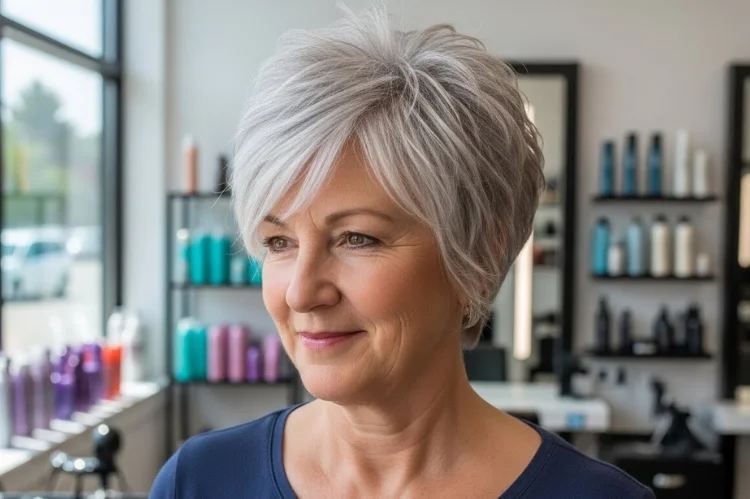 A woman over 60 with fine hair wearing a textured pixie haircut featuring choppy layers and visible volume.