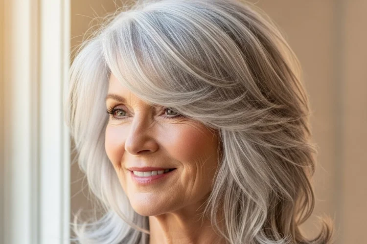 A modern shag haircut on a woman over 60 with fine hair. Visible layers create effortless texture.