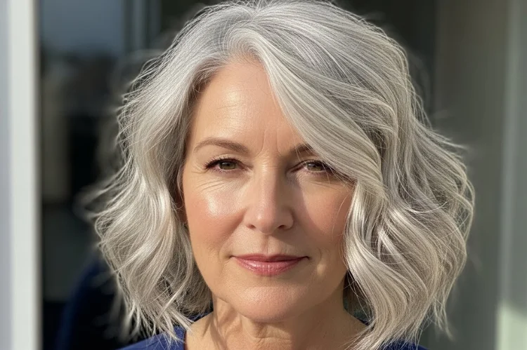 A 60–65 year old woman with textured wavy gray lob, beachy movement, relaxed elegance.