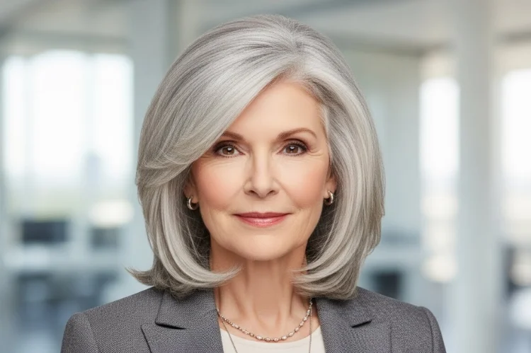 A 60–65 year old woman with thick medium-length gray hair, heavily layered to remove bulk, smooth controlled shape.