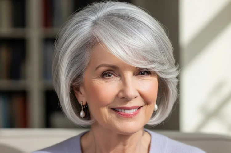 A 64 year old woman with thinning gray hair styled to look fuller, strategic layering.