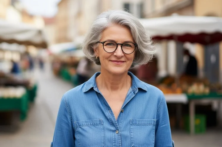 A 65 year old woman with low-maintenance gray haircut, air-dried texture, versatile global style.
