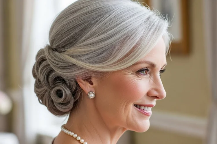 Twisted hairstyle creating texture and dimension on fine hair. Elegant and age-appropriate.