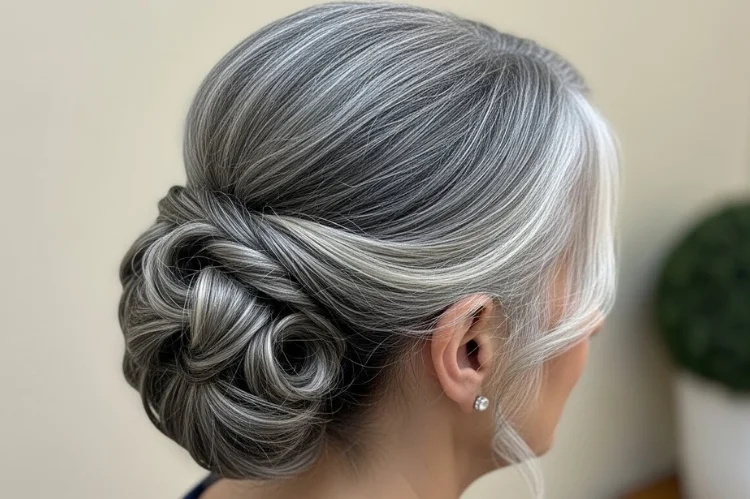 65 year old woman with elegant twisted gray hairstyle, refined updo details, wedding-ready sophistication, soft highlights