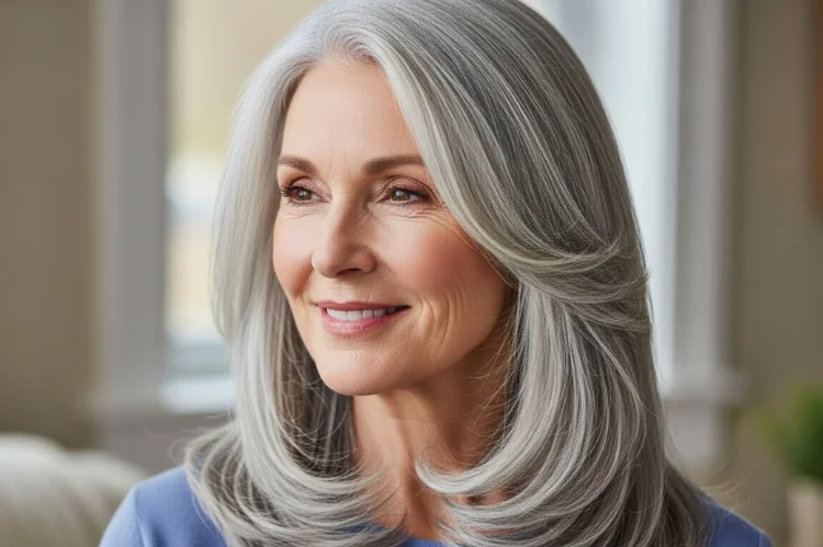 A 60 year old woman with long silver-gray hair styled in a soft U-shaped cut, rounded ends