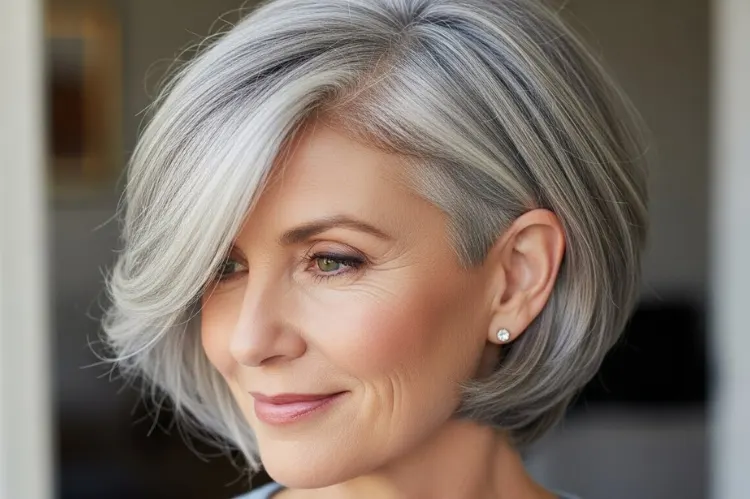 Grey haircut with hidden undercut for women over 50, top layers concealing shaved section.