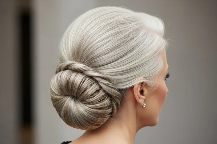 A formal updo designed for fine hair on a woman over 60. Volume at the crown and refined finish.