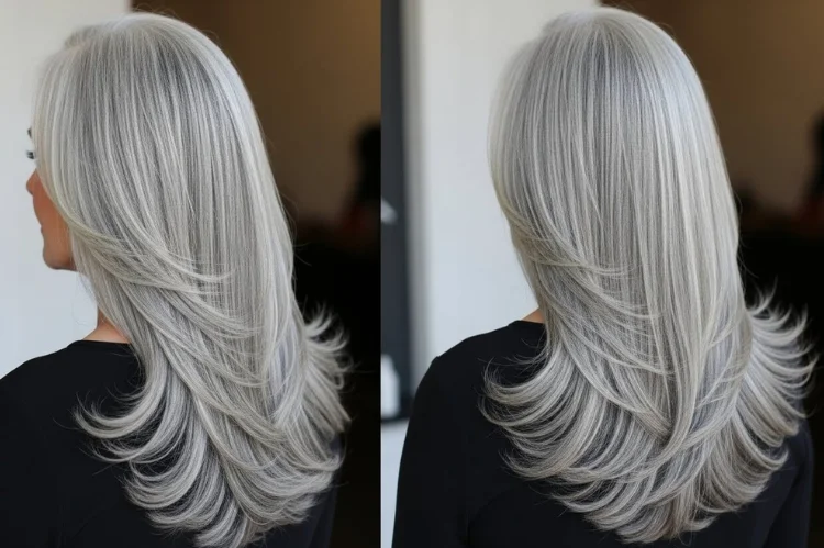 A back view of a 60–65 year old woman showing long gray hair cut in a dramatic V-shape, sleek layered finish