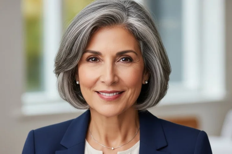 A old woman with adaptable medium gray hairstyle, styled two ways in editorial concept