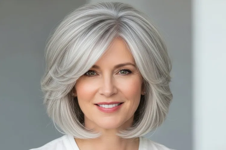 Layered silver lob haircut at shoulder length, full volume, fine hair enhancement, clean shape, neutral background.
