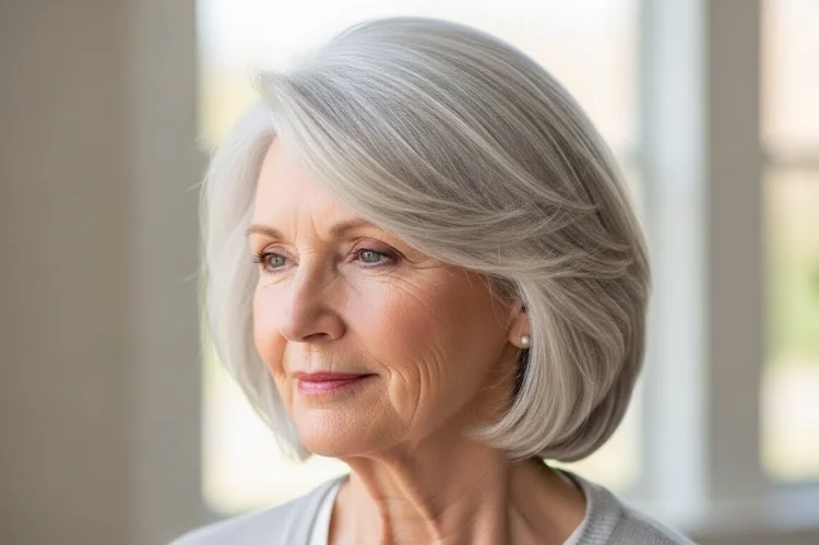 Fine hair styled with visible lift from volumizing mousse. Natural movement.