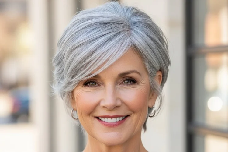 A low-maintenance pixie haircut on a woman over 60, styled naturally with no heat.