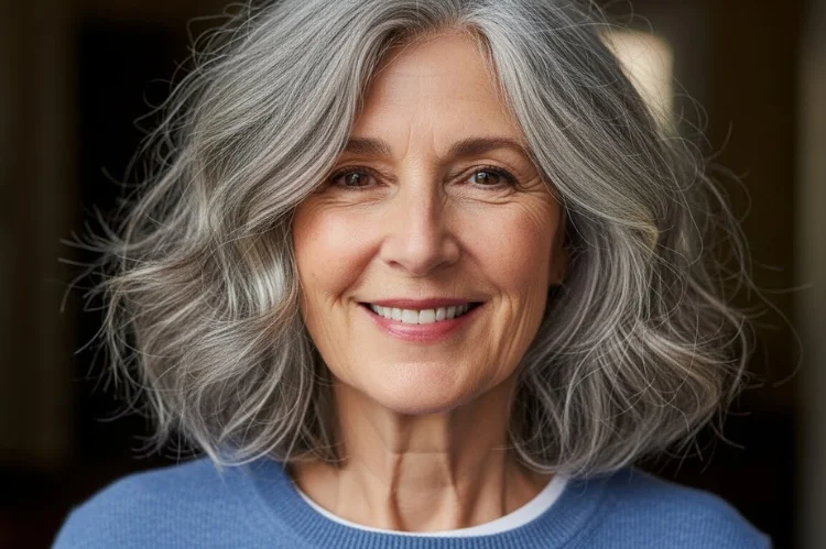 A 64 year old woman with wash-and-go gray hairstyle, natural movement, zero styling tools look