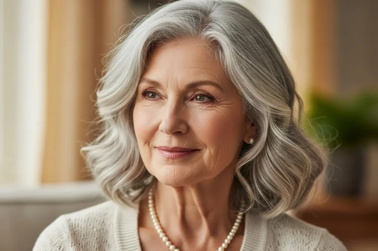A 65 year old woman with gray hair showing mixed textures, customized layered haircut.