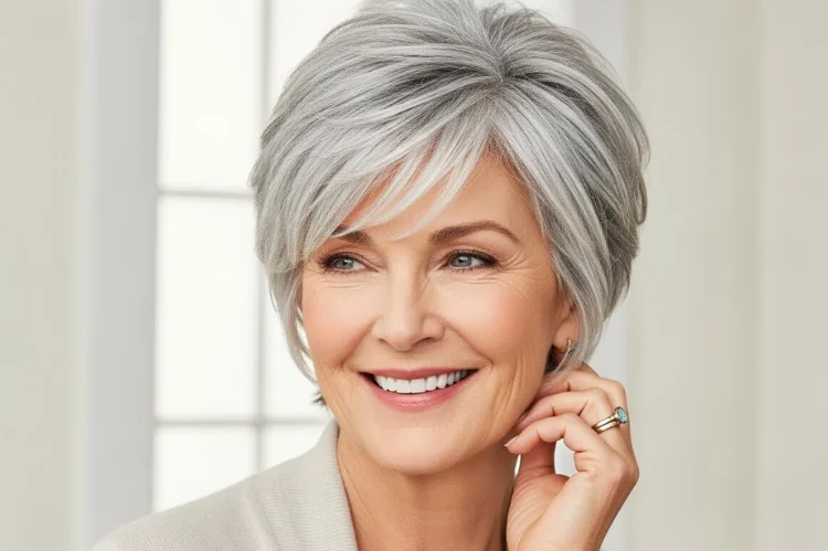 A 60–65 year old woman wearing a youthful modern gray hairstyle inspired by younger trends, fresh energy, age-defying look.