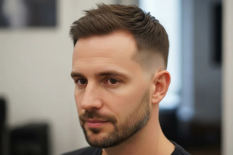 Adult man with thinning hair wearing a textured crop / Caesar style haircut, of fuller hair.