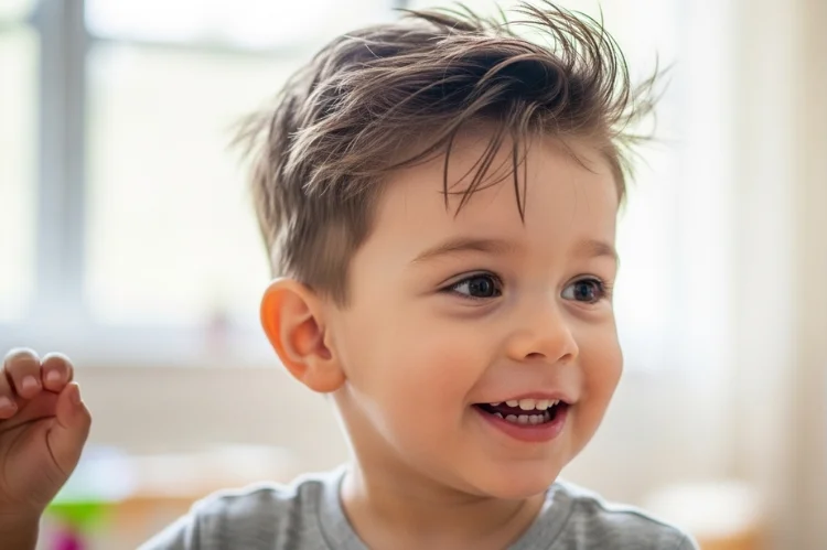 Active toddler with naturally messy textured top and short sides. Casual candid photography, effortless kids hairstyle look.