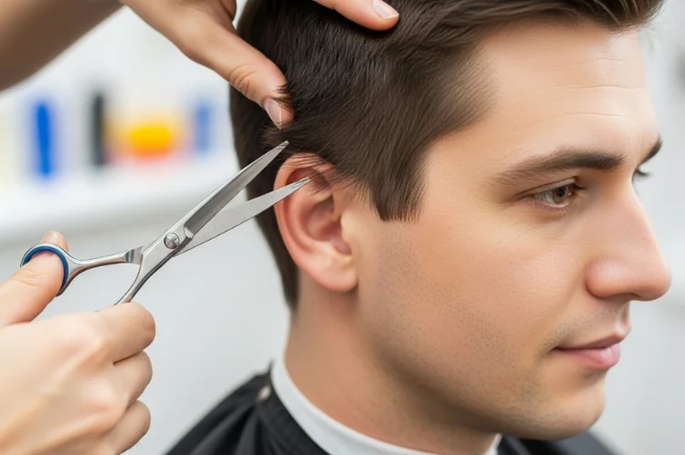 Haircut maintenance around ears, small scissors trimming excess hair safely, child-friendly grooming scene.