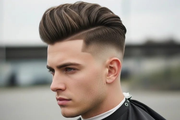 Bold undercut hairstyle on a man with an oval face. Short uniform sides with long styled top.