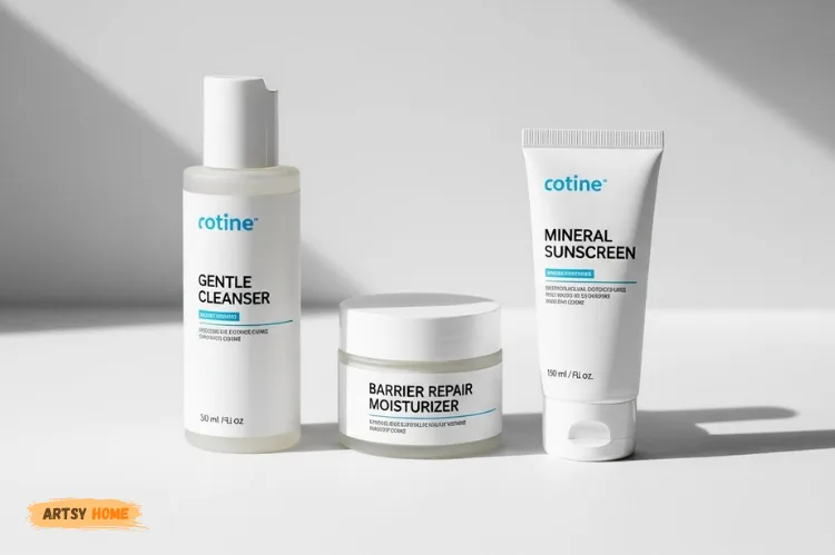 Minimal skincare flat lay with only three items: gentle cleanser, barrier repair moisturizer.