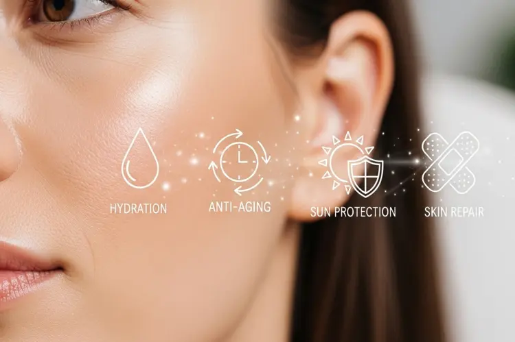 Close-up of healthy, radiant skin with overlay icons representing hydration, anti-aging, sun protection, and skin repair.