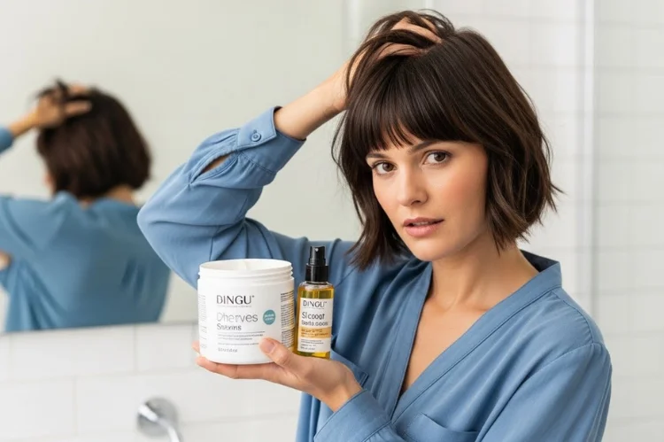 A woman holding heavy hair creams and oils in one hand while touching flat, weighed-down short hair with bangs.