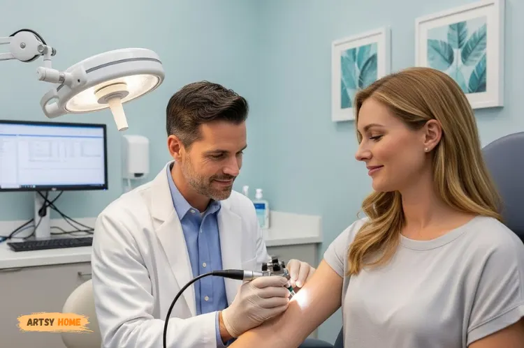 Dermatologist consultation scene with skin examination under soft clinical light, professional medical environment.