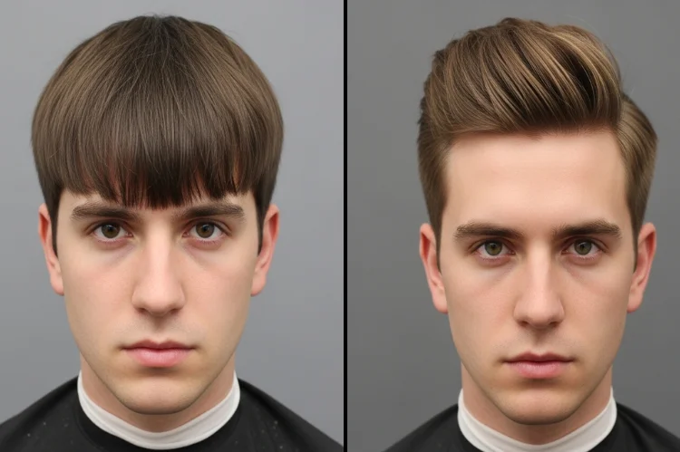 Men’s hairstyle comparison showing unflattering haircuts for oval faces heavy fringe, excessive top volume, wide sides.