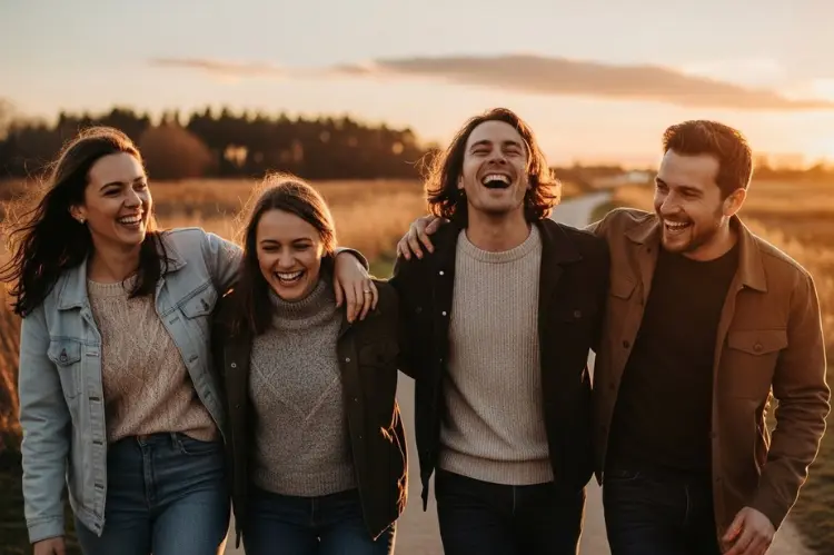 A candid lifestyle scene of people laughing outdoors, walking together at sunset, natural movement.