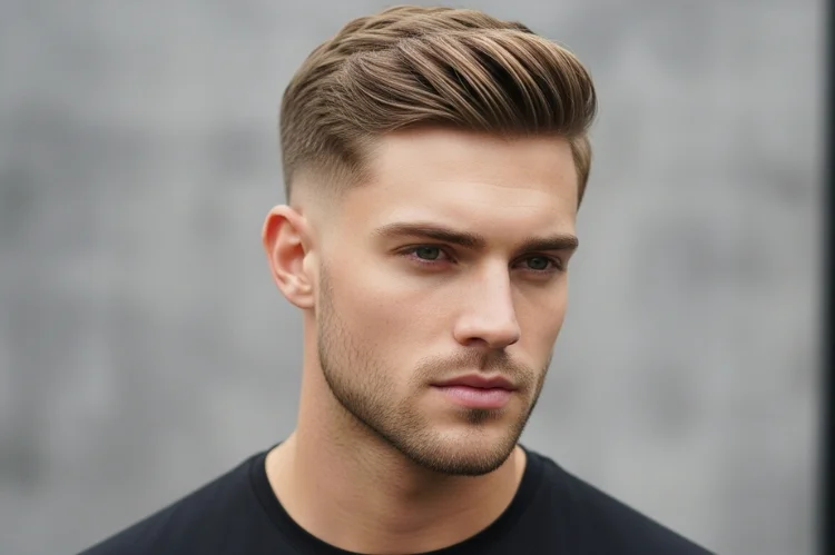 A confident male model with an oval face wearing a modern textured crop haircut.