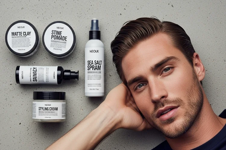A flat-lay grooming editorial image featuring men’s hair products: matte clay, pomade, sea salt spray.