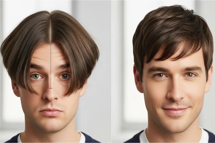 A comparison-style editorial image showing an oval-faced man with an overly heavy fringe and excessive top volume.