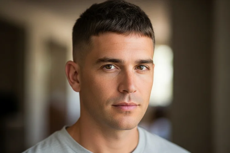 A casual portrait of a man with an oval face wearing a buzz cut or textured crop. Natural finish,