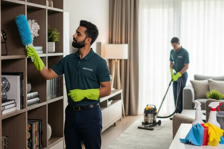 Professional cleaning service in action worker dusting and vacuuming tidy apartment.