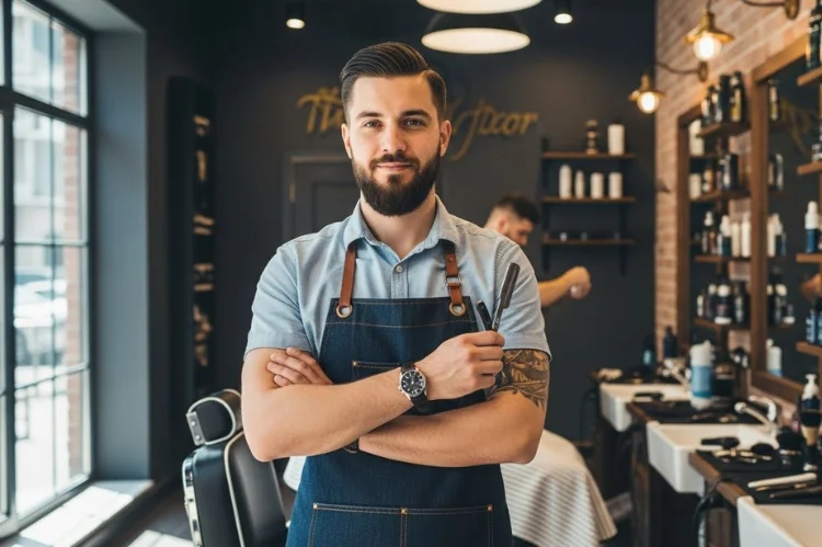 A realistic lifestyle portrait of a professional male barber with straight hair.