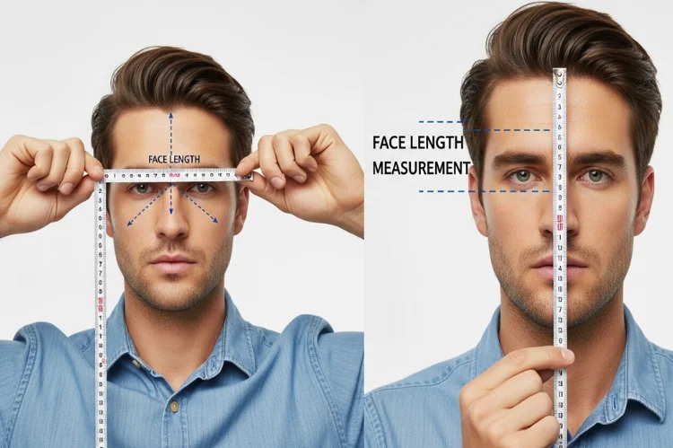 Step-by-step visual guide of a man measuring his face in front of a mirror using a flexible measuring tape.
