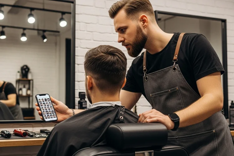 smartphone displaying men’s haircut reference photos, barber observing screen, modern grooming consultation.