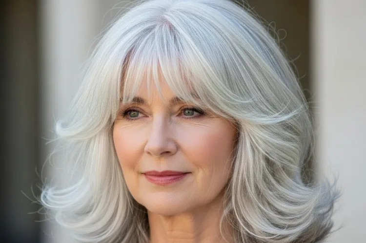 Wispy bangs with layered silver hair, romantic soft look, shoulder-length cut, mature woman.