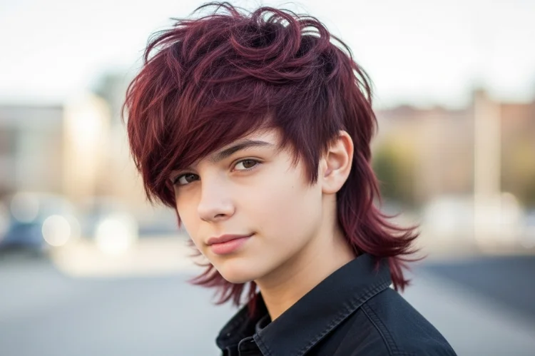 Teen with wolf cut—shaggy layers and longer back. Bold, expressive modern haircut.